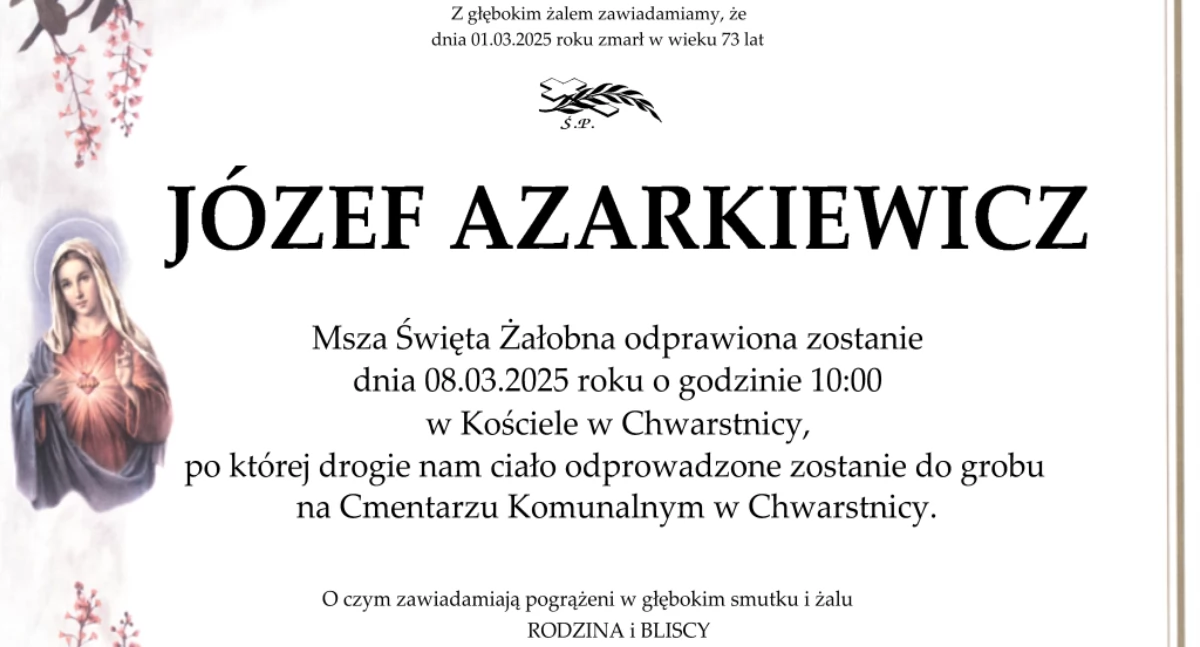 Odeszli, Pogrzeb Józefa Azarkiewicza sobotę - zdjęcie, fotografia